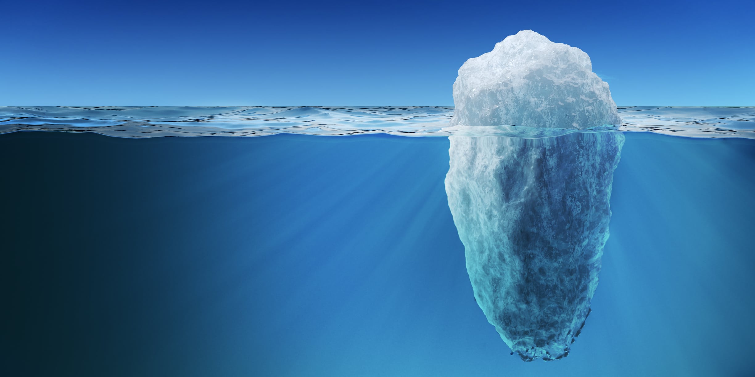 Underwater view on big iceberg floating in ocean. 3D rendered illustration.